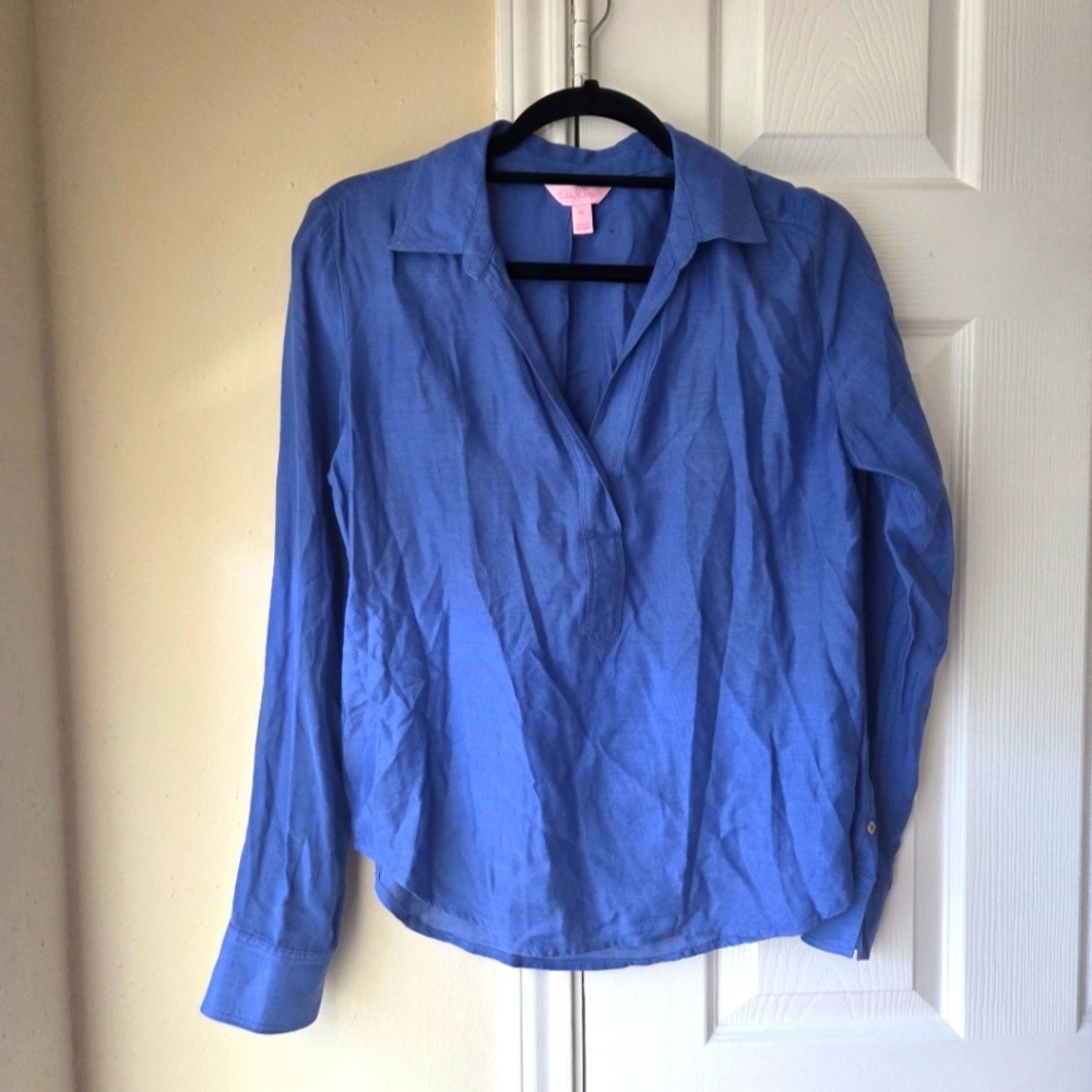 Lilly Pulitzer Blouse XS Blue Lightweight Cotton Blend Long Sleeves V Neck